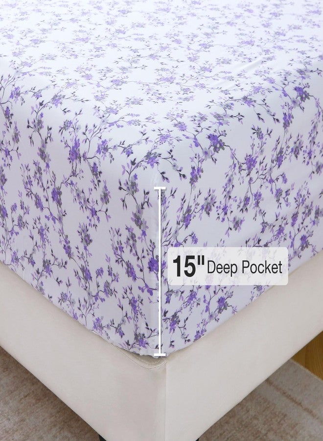 Viviland Floral King Sheet Set - 4 Piece Purple Lavender Botanical Patterned Bed Sheets - Soft, Breathable Microfiber Sheets with Deep Pocket, Non-Slip Fitted Sheets & Pillowcases - Image 3