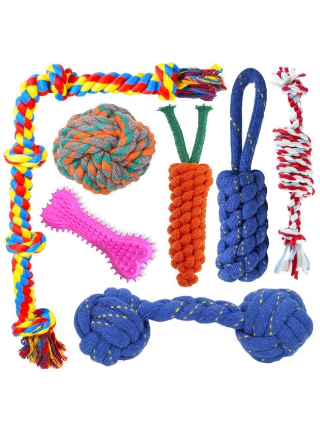 بت لعبة مضغ من حبل قطني للحيوانات الأليفة - عظمة مضغ مطاطية وحبل معقود وحبل طويل للعب وتنظيف الأسنان والتدريب (اللون حسب التنوع، عبوة من 7 قطع) - Image 1