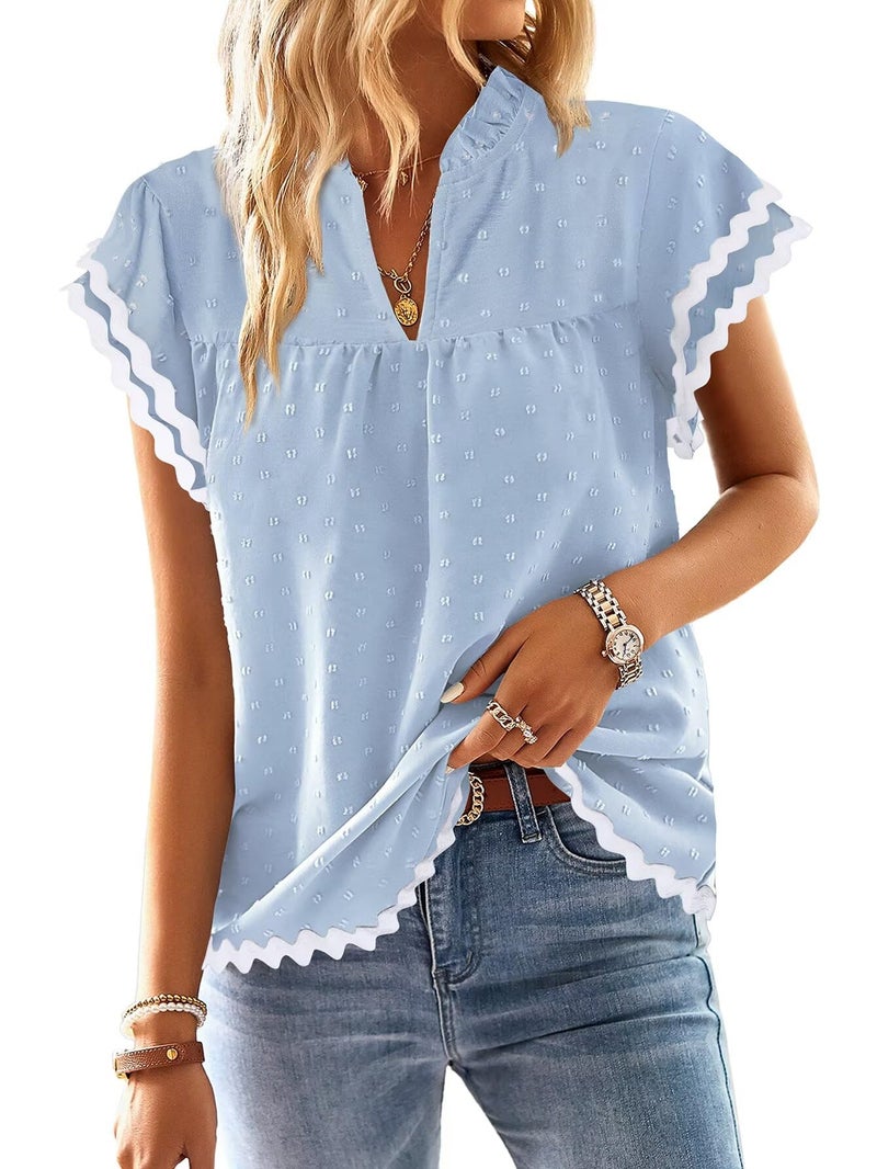 Falechay Womens Summer Blouses Bohemian Short Ruffle Butterfly Sleeve V Neck Lace Basic Shirts Flowy Chiffon Blouses Swiss Dot Clothing Women Teacher Business Ladies Ric Rac Trim T-shirts Light Blue S - Image 1