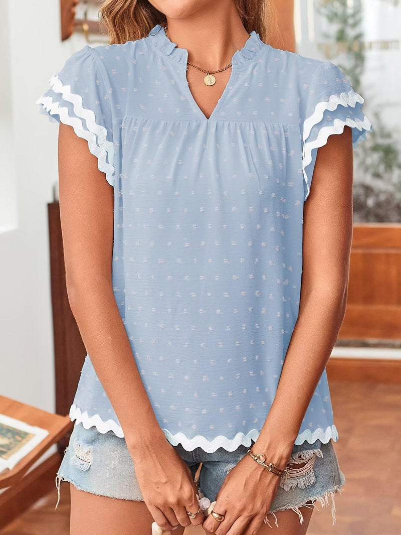 Falechay Womens Summer Blouses Bohemian Short Ruffle Butterfly Sleeve V Neck Lace Basic Shirts Flowy Chiffon Blouses Swiss Dot Clothing Women Teacher Business Ladies Ric Rac Trim T-shirts Light Blue S - Image 5