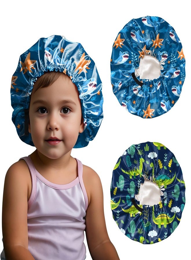 BHAHB 2 PCS Kids Bonnets for Girls Boys Satin Silk Hair Bonnets Double Layer Elastic Adjustable Hair Caps for Sleeping Reusable Cute Aesthetic-Shark Dinosaur - Image 1