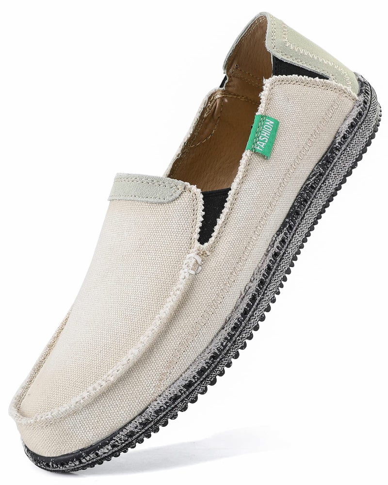 VILOCY Mens Slip on Deck Shoes Zero Drop Casual Canvas Loafer Vintage Flat Boat Shoes Beige US11 EU45 - Image 1