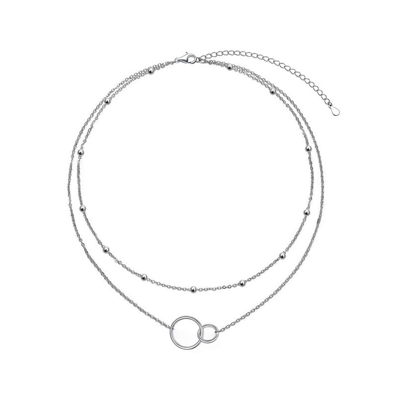 Ladytree S925 Sterling Silver Fashion Bead Two Interlocking Infinity Circles Double Layer Chain Choker Necklace, Rolo Chain,13 inches to 16 inches - Image 1
