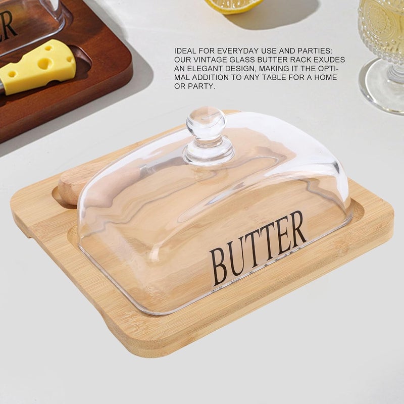 fosa Butter Keeper with Glass Lid, Butter Dish with Lid Wood, Butter Container with Stainless Steel Cutting Tool, for Cheese Cake Dessert Effortless Slicing (Wood Color) - Image 3