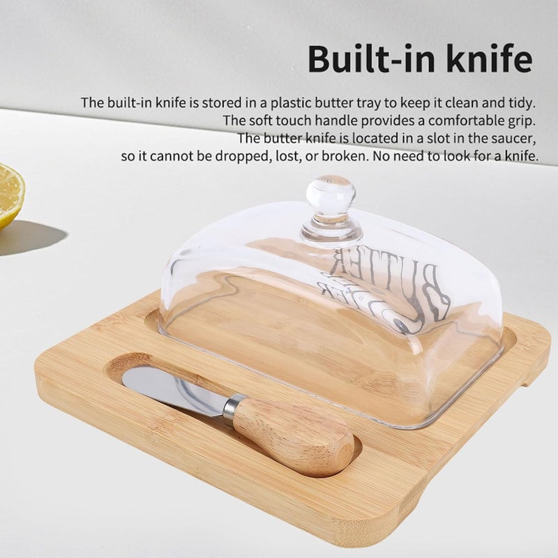 fosa Butter Keeper with Glass Lid, Butter Dish with Lid Wood, Butter Container with Stainless Steel Cutting Tool, for Cheese Cake Dessert Effortless Slicing (Wood Color) - Image 2