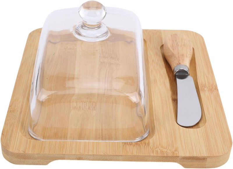 fosa Butter Keeper with Glass Lid, Butter Dish with Lid Wood, Butter Container with Stainless Steel Cutting Tool, for Cheese Cake Dessert Effortless Slicing (Wood Color) - Image 1