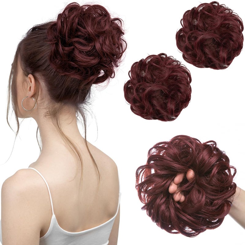 SARLA 2PCS Burgundy Messy Hair Bun Hair Pieces Wavy Curly Synthetic Updo Fake Scrunchies Ponytail Extension for Women Wine Red
