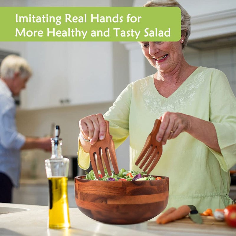 AIDEA Acacia Wood Salad Bowl Set with 2 Wooden Hands  Large Salad Bowl with Serving Utensils  Big Mixing Bowl for Fruits  Salad  Cereal  Corn flake Pasta 11"" Diameter x 4.5"" Height - Image 4