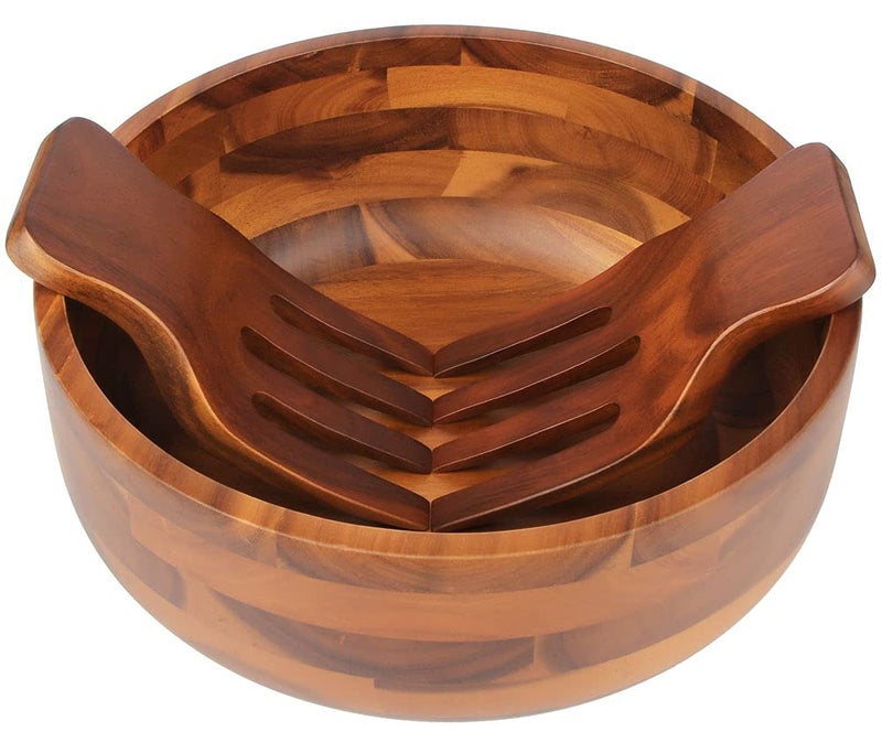AIDEA Acacia Wood Salad Bowl Set with 2 Wooden Hands  Large Salad Bowl with Serving Utensils  Big Mixing Bowl for Fruits  Salad  Cereal  Corn flake Pasta 11"" Diameter x 4.5"" Height - Image 3
