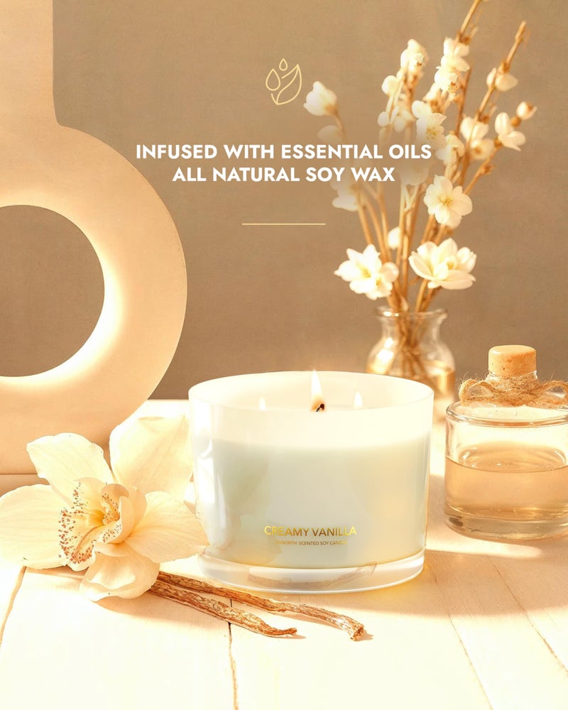 96NORTH Creamy Vanilla Scented Candles | Large 3 Wick Jar Candle | Up to 40 Hours Burning Time | 100% Natural Soy Wax | Relaxing Scented Candle for Home | Gift-Ready Luxury Candle for Men & Women - Image 2