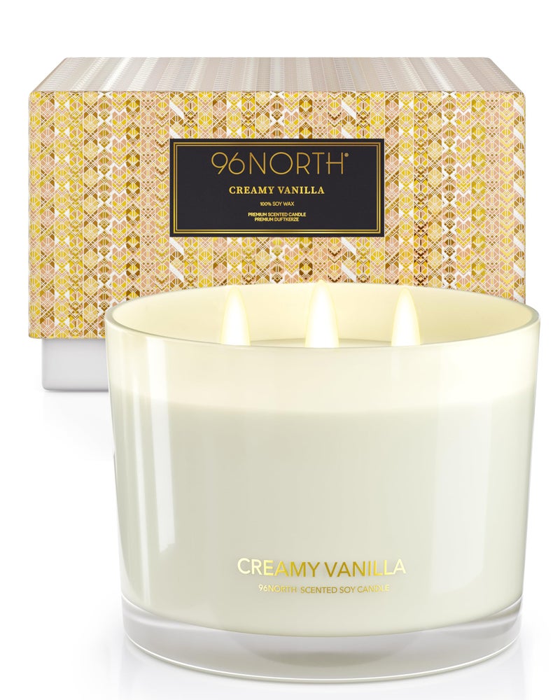 96NORTH Creamy Vanilla Scented Candles | Large 3 Wick Jar Candle | Up to 40 Hours Burning Time | 100% Natural Soy Wax | Relaxing Scented Candle for Home | Gift-Ready Luxury Candle for Men & Women - Image 1