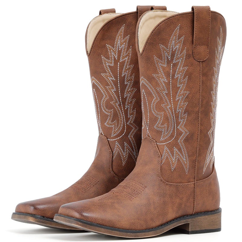 IUV Cowboy Boots For Women Square Toe Wide Western Boots Mid Calf Cowgirl Boots Pull On Embroidered Brown Cowboy Boots - Image 1