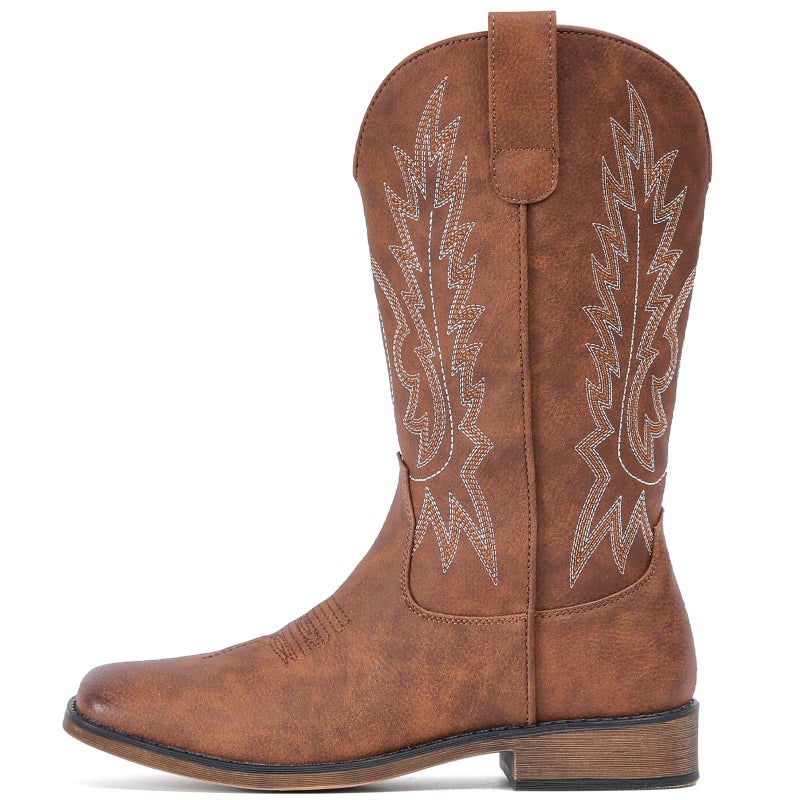 IUV Cowboy Boots For Women Square Toe Wide Western Boots Mid Calf Cowgirl Boots Pull On Embroidered Brown Cowboy Boots - Image 2