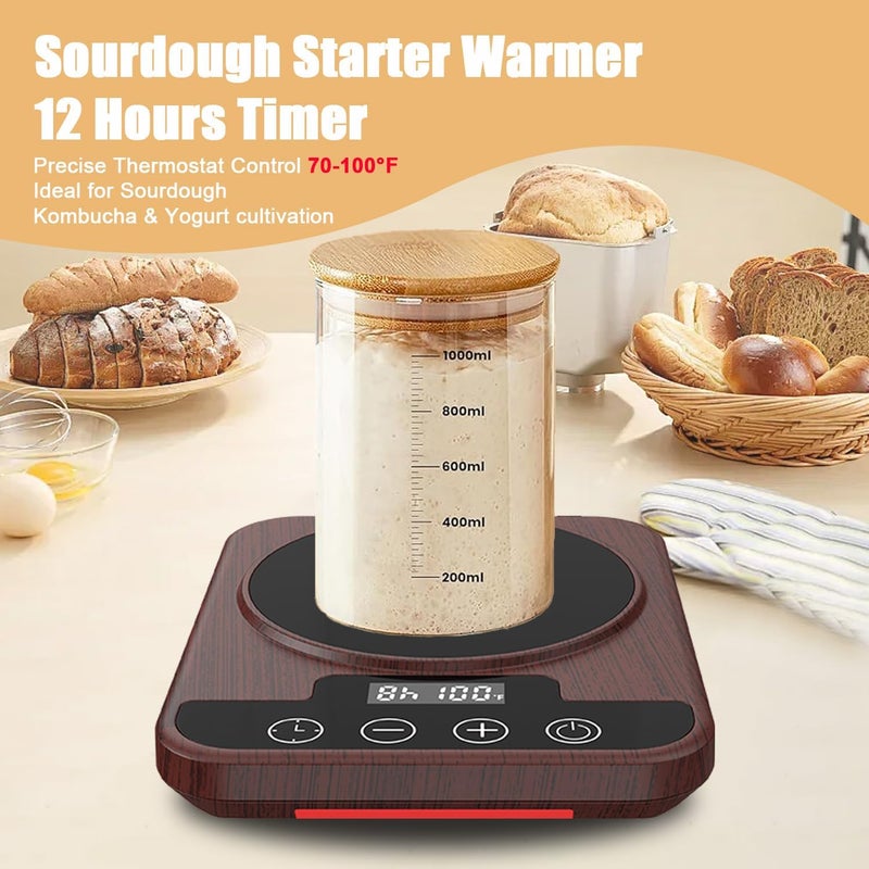 ECUMFFY Sourdough Starter Warmer Mat, 12H Timer Warming Heating Pad, Precise 1°F Thermostat Control (70-100°F), Smart Memory Warming On/Off, Fits Jars Up to 40oz, Perfect for Home Baking (Wood) - Image 3
