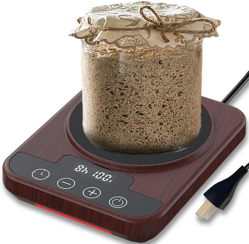ECUMFFY Sourdough Starter Warmer Mat, 12H Timer Warming Heating Pad, Precise 1°F Thermostat Control (70-100°F), Smart Memory Warming On/Off, Fits Jars Up to 40oz, Perfect for Home Baking (Wood) - Image 1
