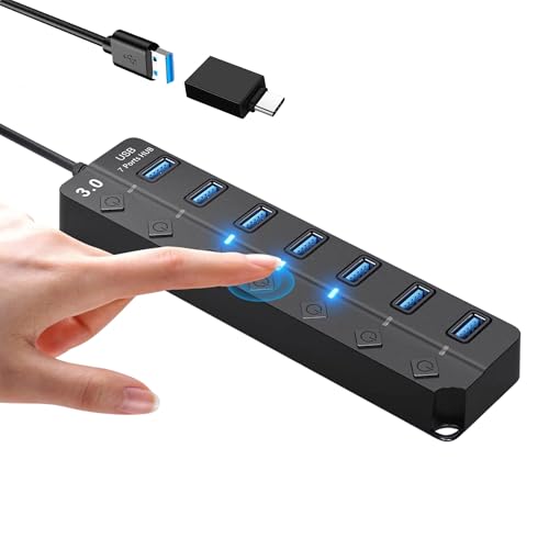 ADZOY 7-Port USB 3.0 Hub Individual On/Off Switches with USB to Type C Connector | High-Speed Data Transfer | Fast Sync & Device Control | Charge & Transfer Simultaneously | Universal Compatibility - Image 1