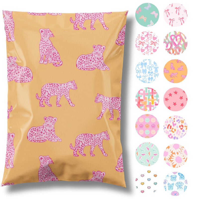 Pretty Package Store 6x9 Designer Poly Mailer 100 Pack Heavy Duty Waterproof Self Seal Shipping Bags for Small Business Large Mailing Envelopes Bulk Tear Resistant Packaging Pink Orange Leopard - Image 1