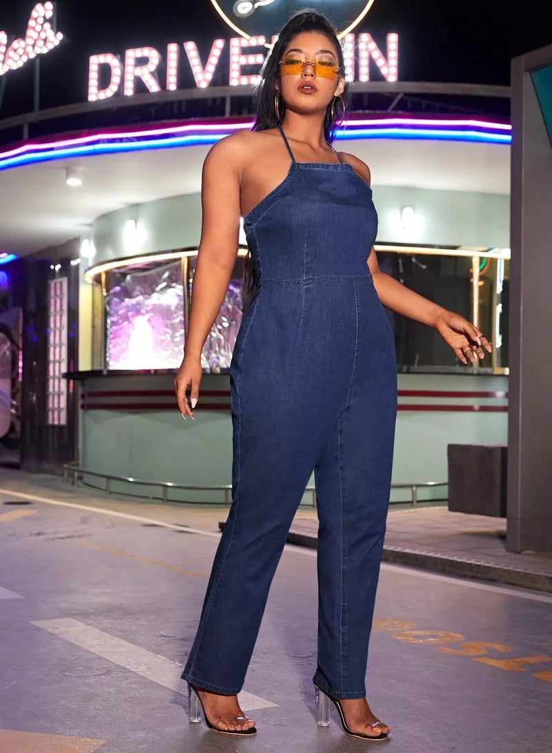 Plus Zip Back Tie Back Denim Jumpsuit - Image 5
