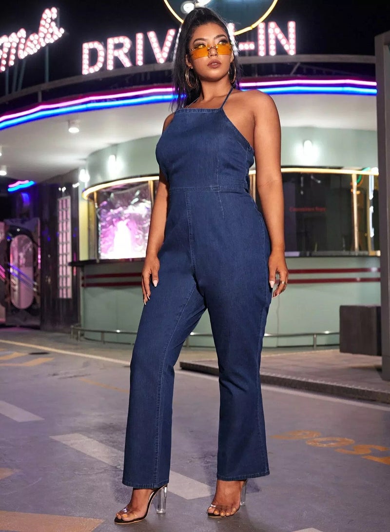 Plus Zip Back Tie Back Denim Jumpsuit - Image 4