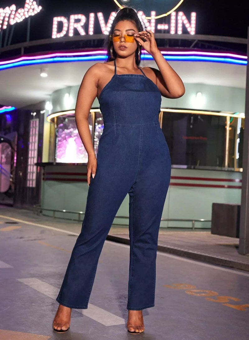 Plus Zip Back Tie Back Denim Jumpsuit - Image 1