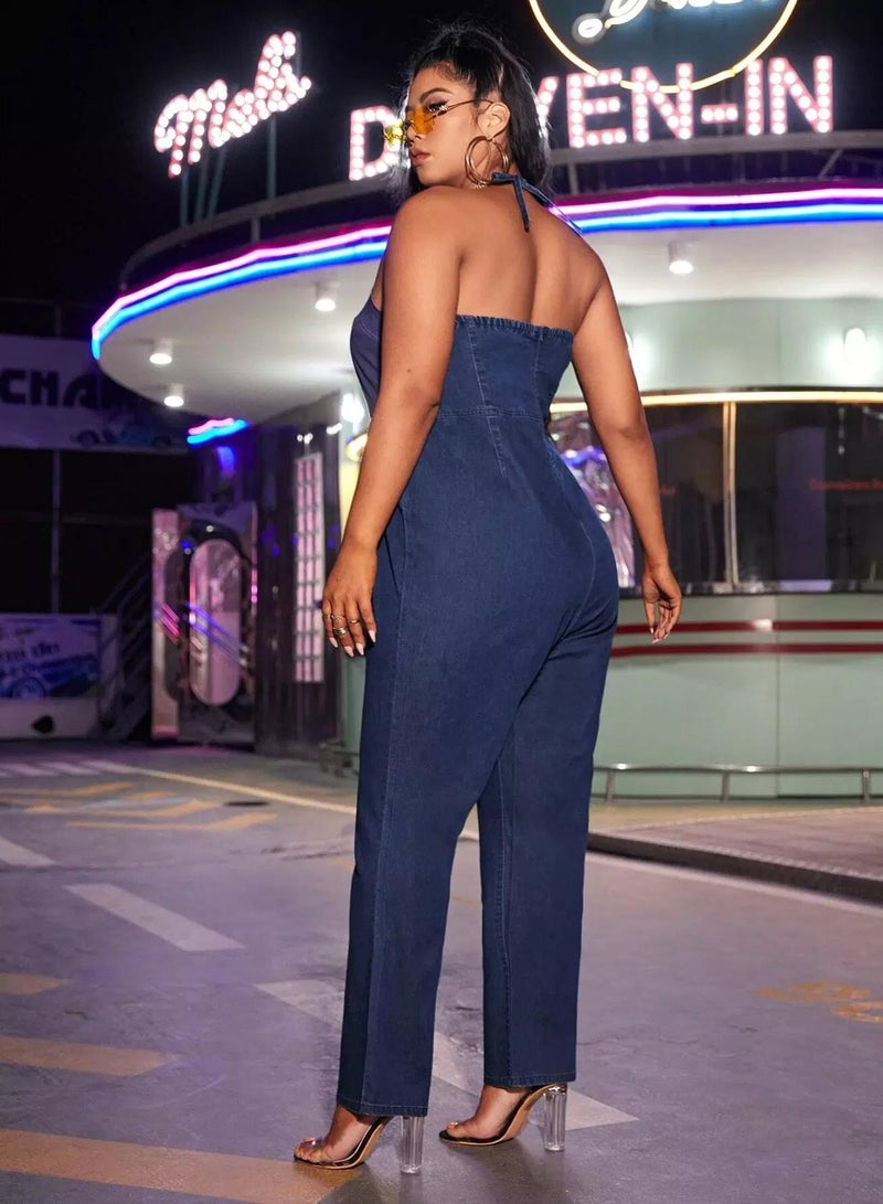 Plus Zip Back Tie Back Denim Jumpsuit - Image 2
