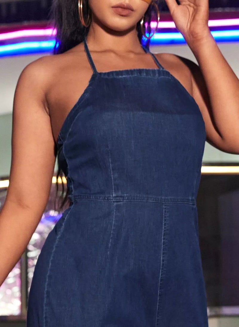 Plus Zip Back Tie Back Denim Jumpsuit - Image 3