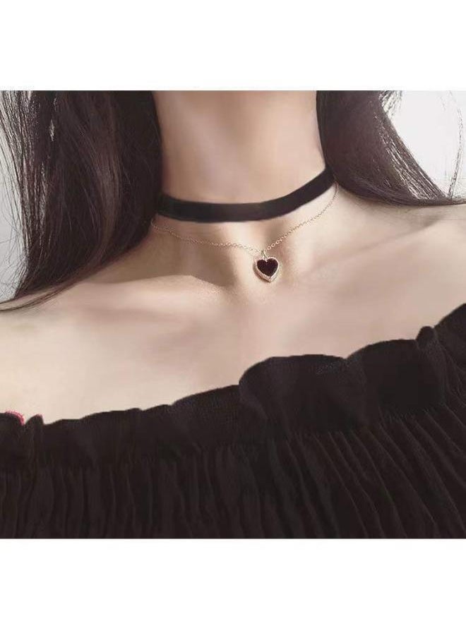 Generic Burgundy Girl Heart Choker Double Clavicle Chain Love Necklace Velvet Neck Chain Collar Necklace Chocker 