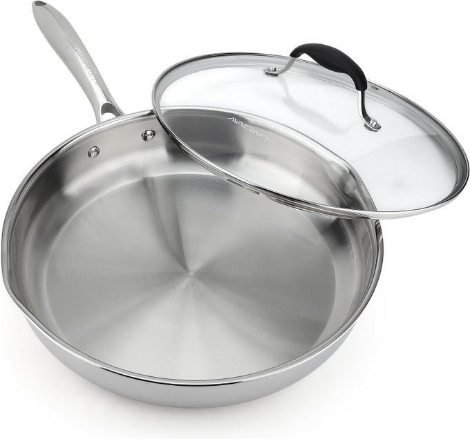 10 INCH TRIPLY STAINLESS STEEL FRYING PAN WITH LID SIDE SPOUTS INDUCTION PAN VERSATILE STAINLESS STEEL SKILLET FRY PAN IN OUR POTS AND PANS TRIPLY STAINLESS STEEL10 INCH