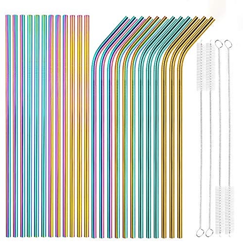 Tomorotec [24 PCS] Value Pack Reusable Stainless Steel Straws in Bulk Extra Long 10.4 inch Colorful,Tomorotec Metal Straw Sets with Cleaning Brushes,12 Straight 12 Bent For Tumblers Beverage Drink Cocktail - Image 1