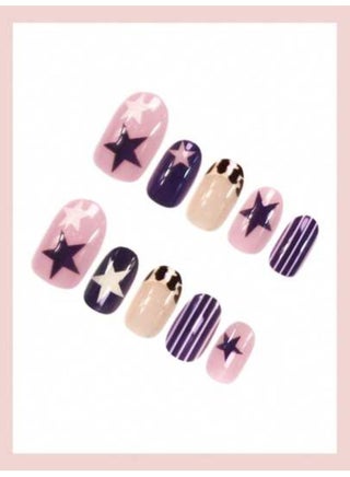 24 PCS Nude Oval Press-On Nails, Navy Blue Wear-On Nails, Star Leopard Stripe False Nails, Retro Edgy Artificial Nails for Trendy Women and Girls - view 3
