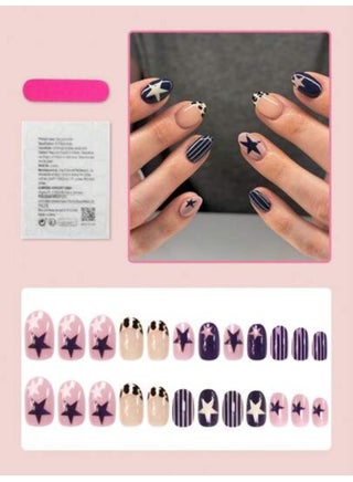 24 PCS Nude Oval Press-On Nails, Navy Blue Wear-On Nails, Star Leopard Stripe False Nails, Retro Edgy Artificial Nails for Trendy Women and Girls - view 2