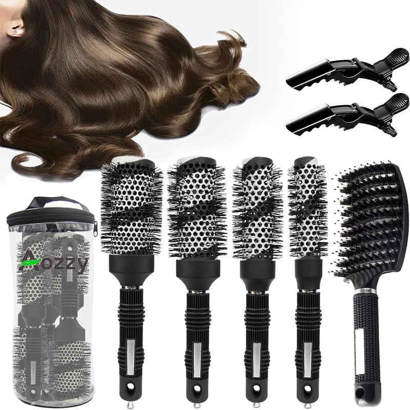 Aozzy BlowDrying Round Hair Brush Set  Ceramic Boar Bristle Brush for Women  Thermal Barrel Brush Set Styling  Roller Brush for Shiny Smooth and Bouncy Hair