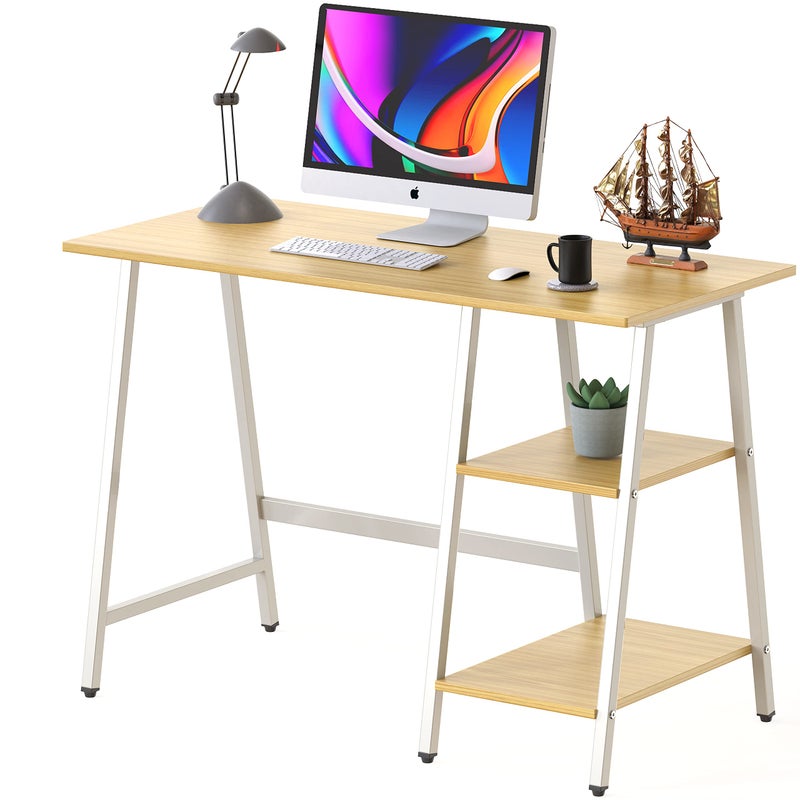 SHW SHW 43Inch Home Office Trestle Computer Desk with Open Storage Shelves Oak 