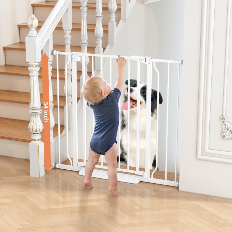 Cideny 34" Extra Tall Baby Gate for Stairs, Auto Close Stroller Friendly Dog Gate Indoor for Doorways, Pressure Mounted 29"-40" Wide Baby Gate, Easy Walk Through Gate for Children & Pets, White - Image 2