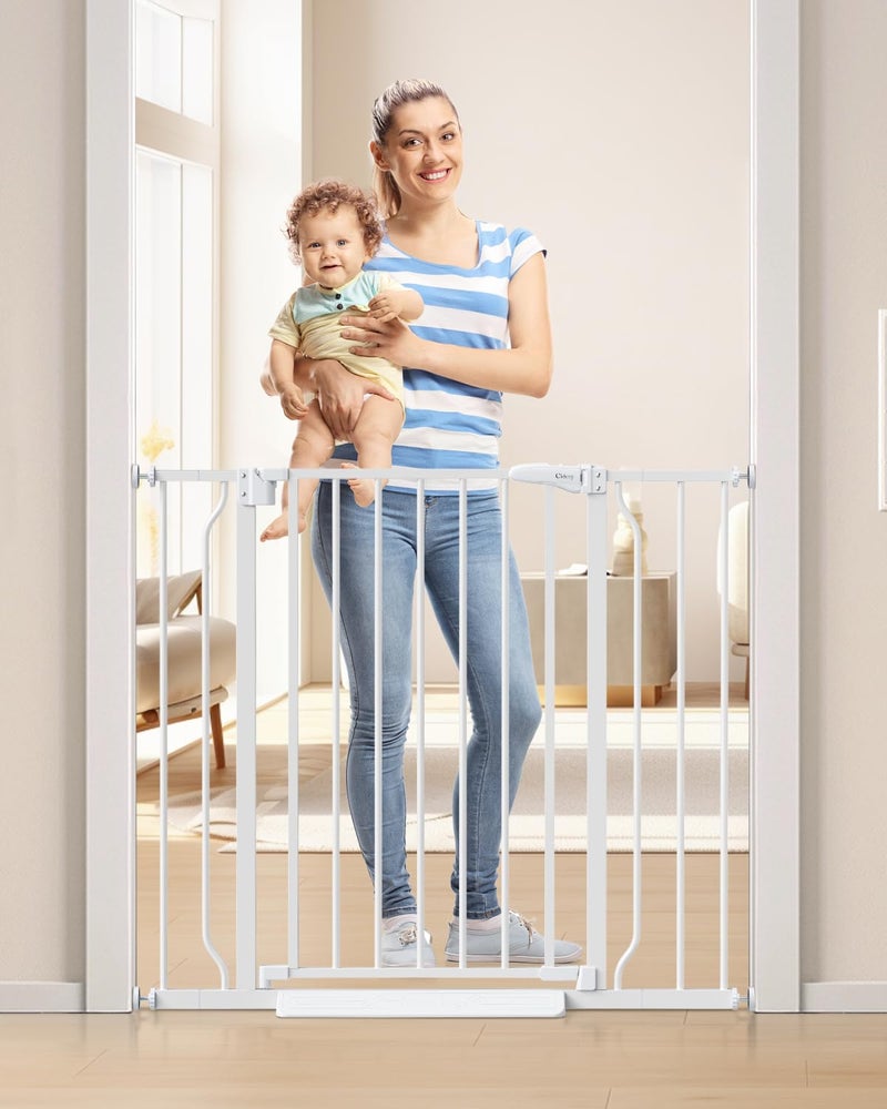 Cideny 34" Extra Tall Baby Gate for Stairs, Auto Close Stroller Friendly Dog Gate Indoor for Doorways, Pressure Mounted 29"-40" Wide Baby Gate, Easy Walk Through Gate for Children & Pets, White - Image 1
