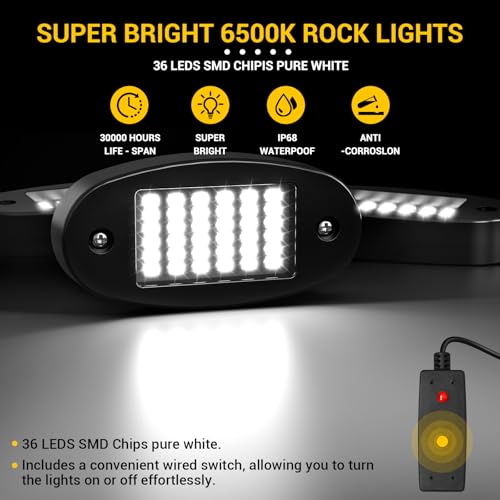 Hovano 12 Pods White Rock Light Kit with Wired Switch - 6500K Pure White LED Underglow, IP68 Waterproof, Super Bright 36 LEDs for Trailer Off Road SUV UTV ATV RZR Car - Image 3