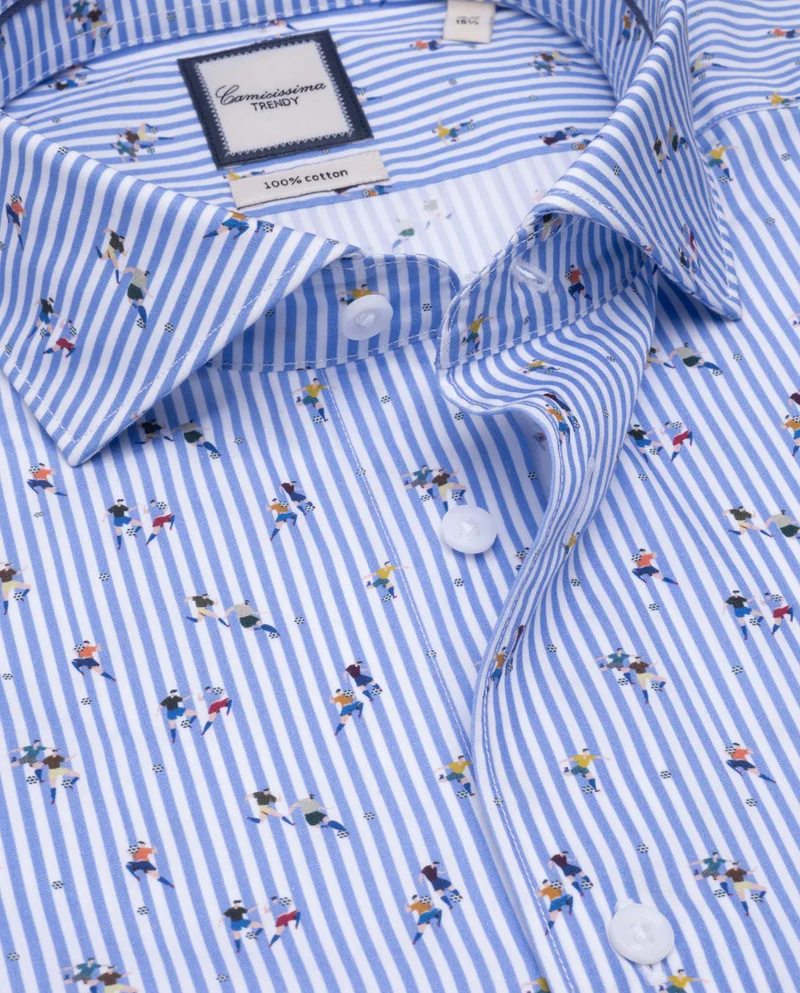 كاميتشسما Trendy Light Blue Printed Poplin Slim Comfort Shirt