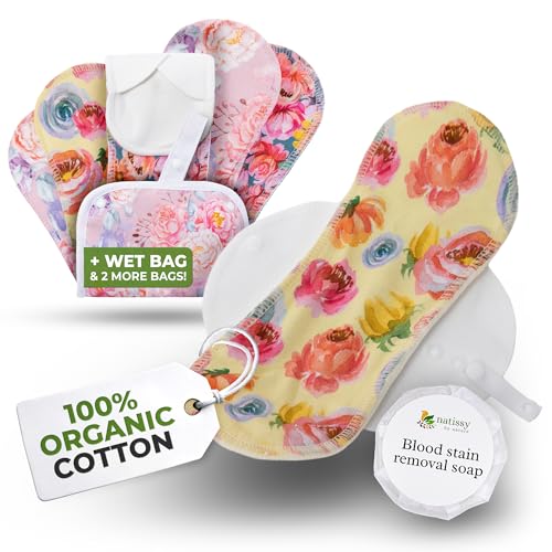 Natissy Organic Cotton Reusable Menstrual Pads for Light Flow 6 Pack SM Leak Proof Odor Free Cloth Pads for Women Teens High Temp Washable Breathable Soft SkinSafe for All Day Period Comfort - Image 1