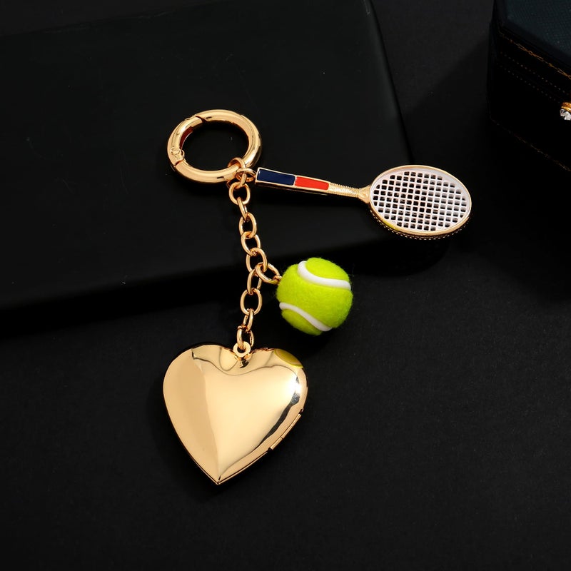 WOWORAMA Tennis Keychain Bag Charm Tennis Racket Ball Keyrings Gold Heart Locket Purse Charms Sports Novelty Charm Key Chains for Sports Fan - Image 2