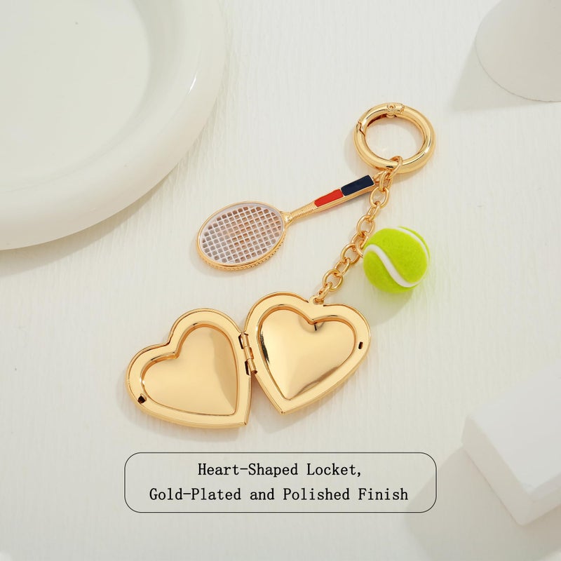WOWORAMA Tennis Keychain Bag Charm Tennis Racket Ball Keyrings Gold Heart Locket Purse Charms Sports Novelty Charm Key Chains for Sports Fan - Image 3