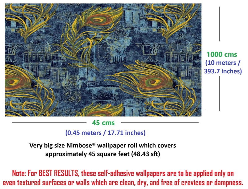 Nimbose® Beautiful Peacock Feather DIY Self Adhesive Decal Wallpapers, Peacock Feathers Floral Design Wall Papers for Nature Theme Home Decoration (45x1000 cm) - Image 2