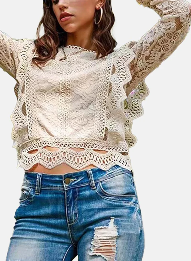 يونيكي Off White Embroidered Long Sleeve Round Neck Knitted Top