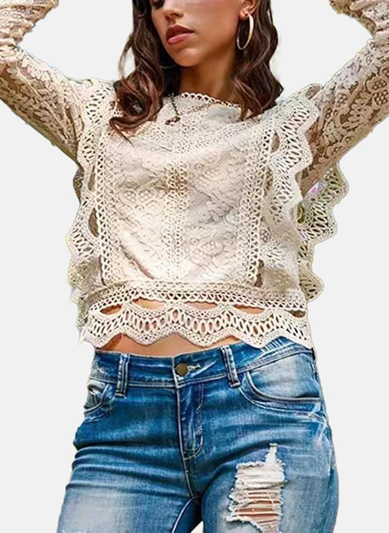 YUNIQEE Off White Embroidered Long Sleeve Round Neck Knitted Top