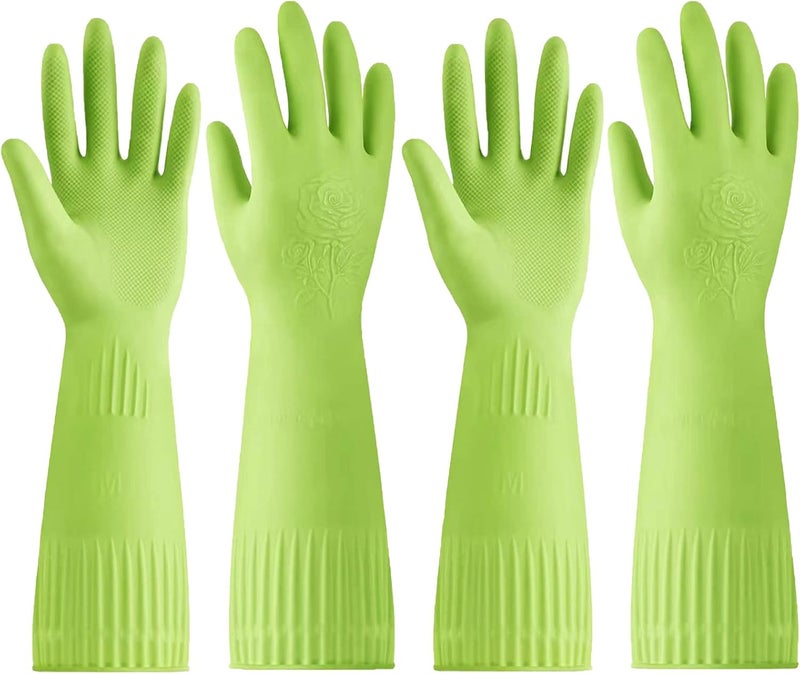 Disfore 2 Pairs of Durable Rubber Gloves, Reusable Non-Slip Cleaning Gloves, Long Sleeve Waterproof Dishwashing Gloves to Protect Your Hands, Soft and Comfortable Premium Kitchen Gloves, (Large Green) - Image 1