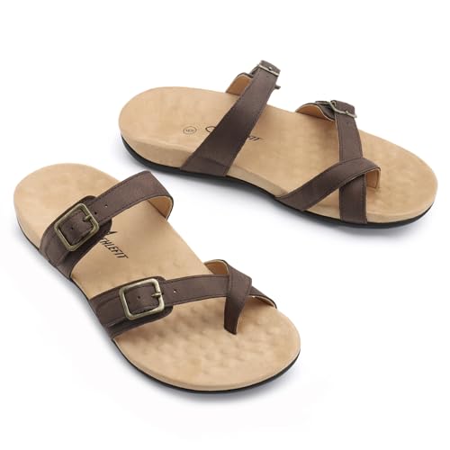 Athlefit Orthopedic Sandals for Women with Arch Support Adjustable Comfort Walking Orthotic Flip Flops Brown Size 10 - Image 5