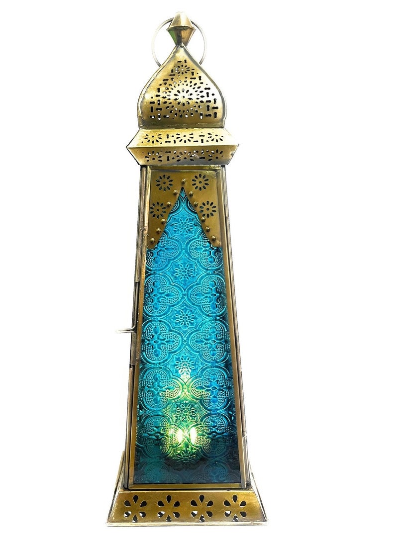 سوق ديزاينز - Ramadan Lantern - Large fanoos Arabic Moroccan Lanterns for Indoor & Outdoor Hanging Gold Tealight Candle Holder Home Décor Metal Lanterns for Garden, Floor,Glass lanterns gift Red Blue - Image 1
