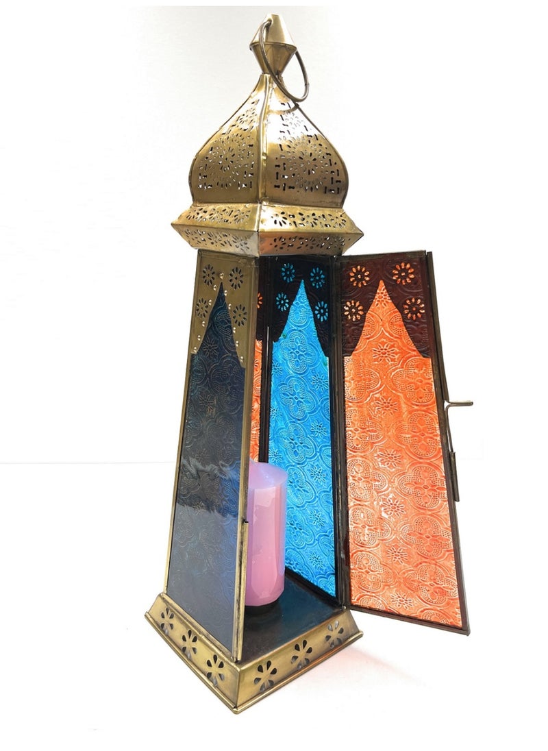 سوق ديزاينز - Ramadan Lantern - Large fanoos Arabic Moroccan Lanterns for Indoor & Outdoor Hanging Gold Tealight Candle Holder Home Décor Metal Lanterns for Garden, Floor,Glass lanterns gift Red Blue - Image 1