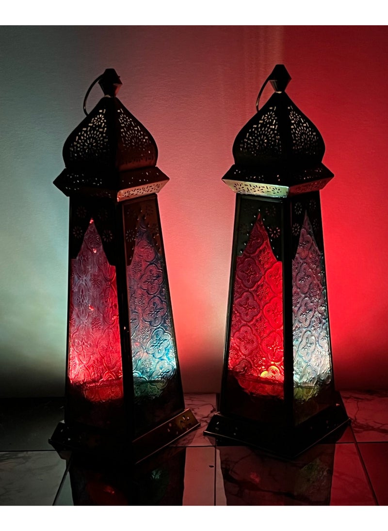 سوق ديزاينز - Ramadan Lantern - Large fanoos Arabic Moroccan Lanterns for Indoor & Outdoor Hanging Gold Tealight Candle Holder Home Décor Metal Lanterns for Garden, Floor,Glass lanterns gift Red Blue - Image 1