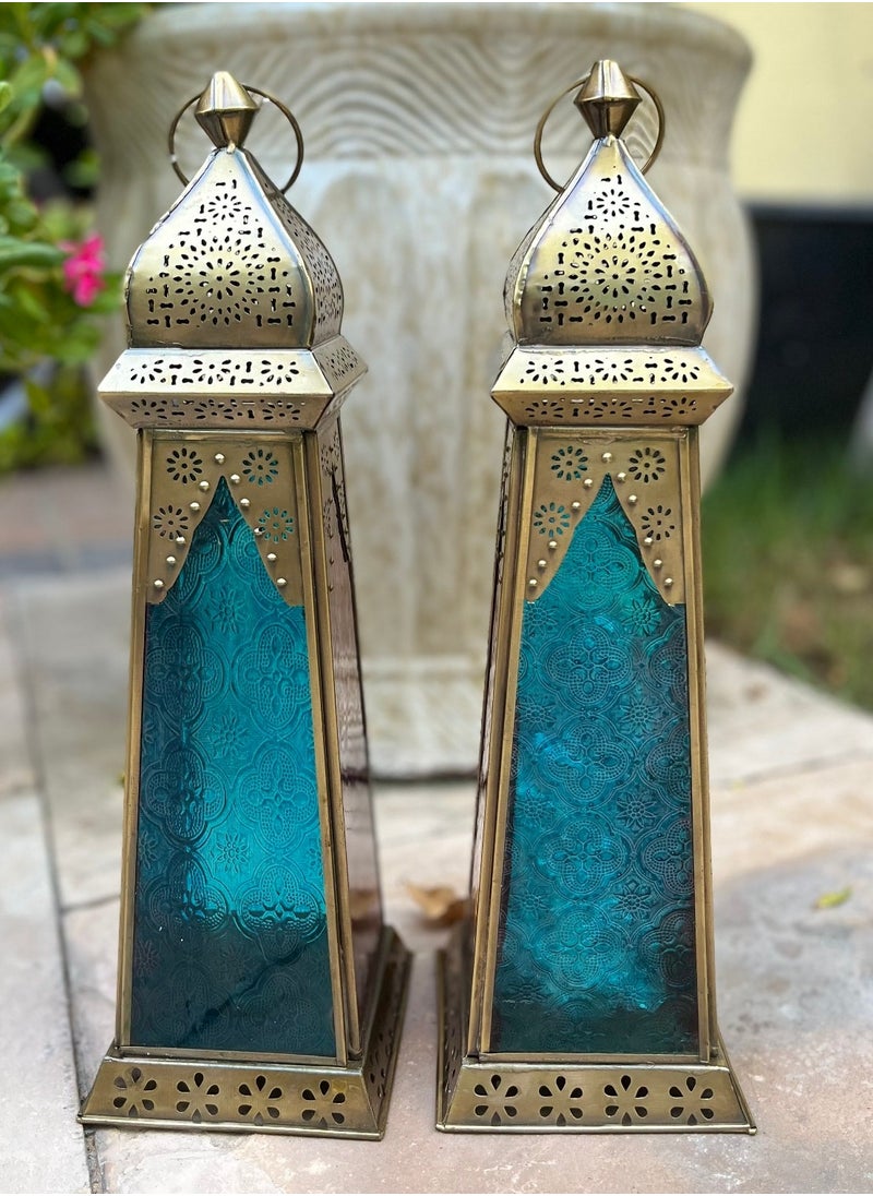 سوق ديزاينز - Ramadan Lantern - Large fanoos Arabic Moroccan Lanterns for Indoor & Outdoor Hanging Gold Tealight Candle Holder Home Décor Metal Lanterns for Garden, Floor,Glass lanterns gift Red Blue - Image 1