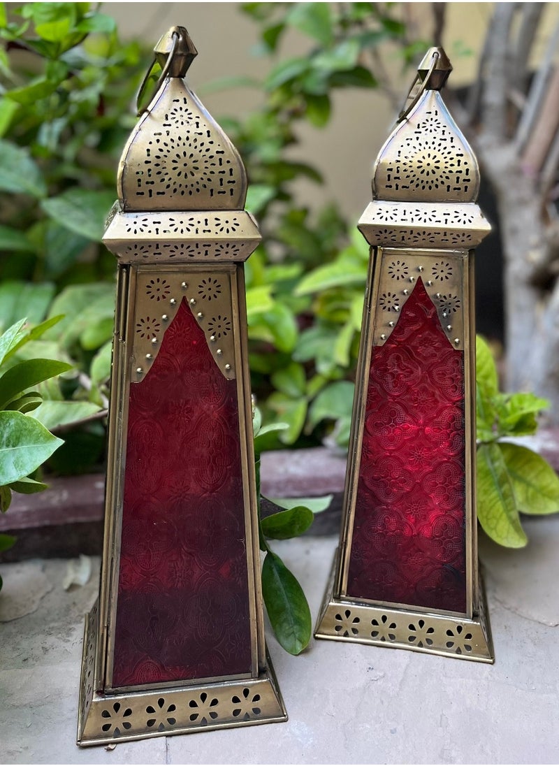 سوق ديزاينز - Ramadan Lantern - Large fanoos Arabic Moroccan Lanterns for Indoor & Outdoor Hanging Gold Tealight Candle Holder Home Décor Metal Lanterns for Garden, Floor,Glass lanterns gift Red Blue - Image 1